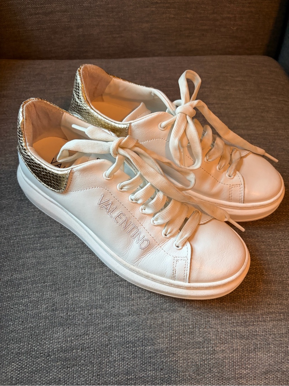 Valentino White Leather Fresia Platform Sneakers Gold Snakeskin Metallic 8.5